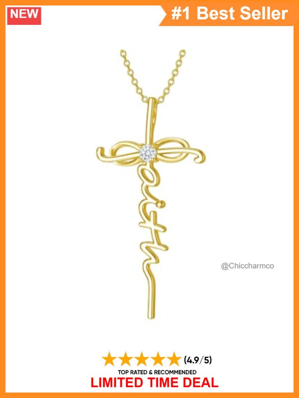 18K Gold Plated Faith Cross Necklace Lab Grown Diamond Pendant 18in Chain